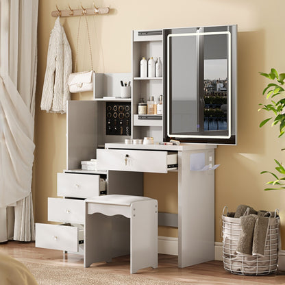 Vanity Desk Set With Sliding Lighted Mirror, 4 Drawer Makeup Dressing Table With 9 Storage Spaces, Hidden Compartments &amp; Cushioned Stool, Beauty Furniture For Bedroom - White
