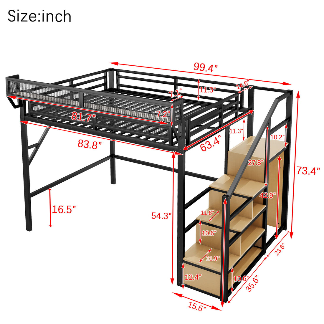 Queen Size Loft Bed &amp; Stairs, Storage Shelves, Wardrobe - Black / Wood