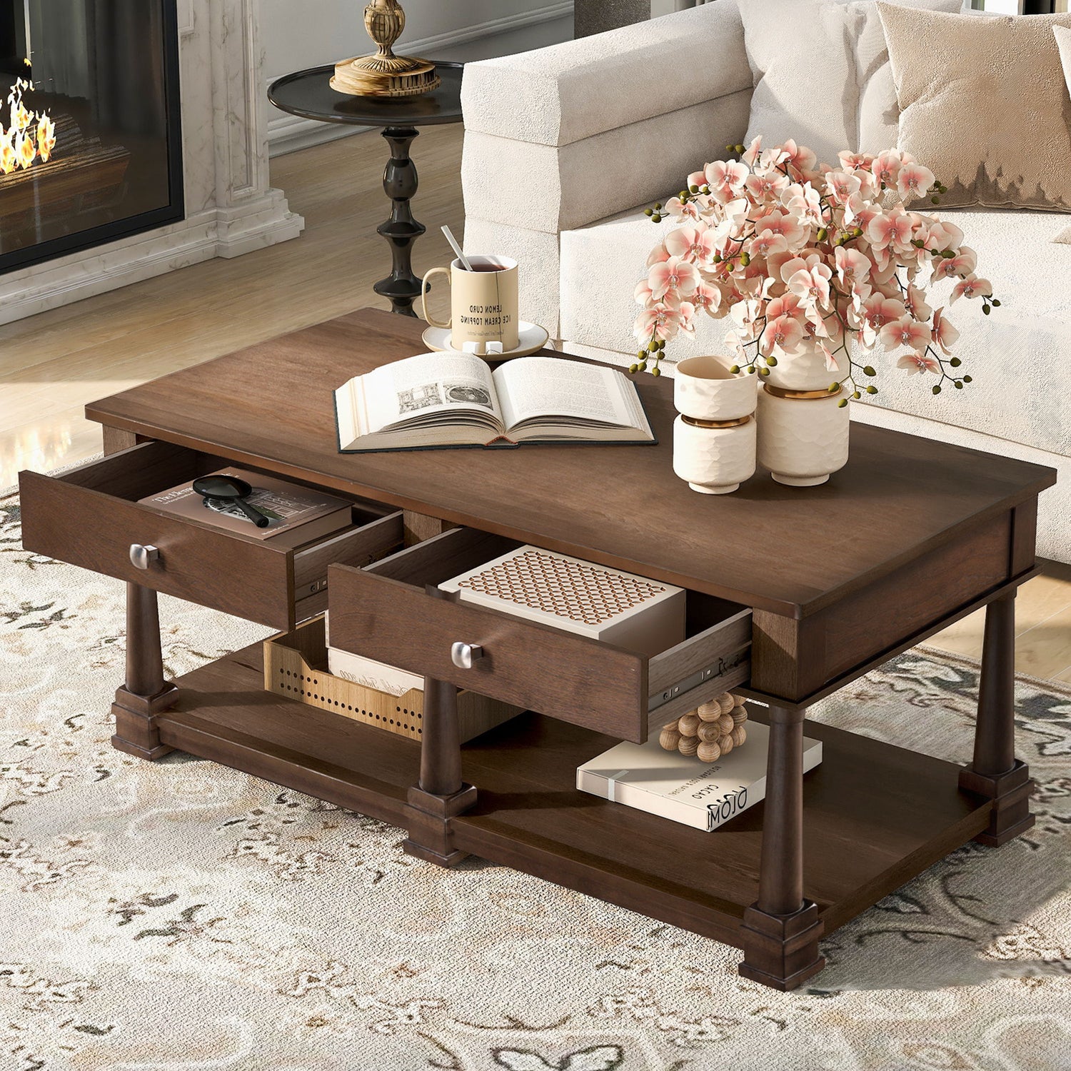 Coffee Table With 2 Storage Drawers &amp; Lower Open Shelf