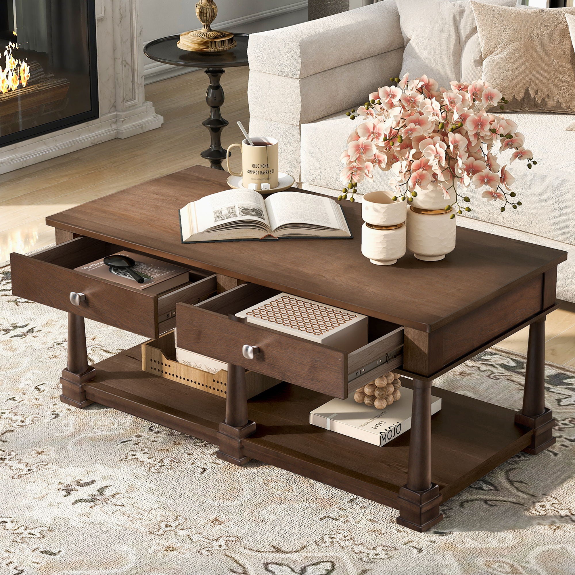 Coffee Table With 2 Storage Drawers &amp; Lower Open Shelf