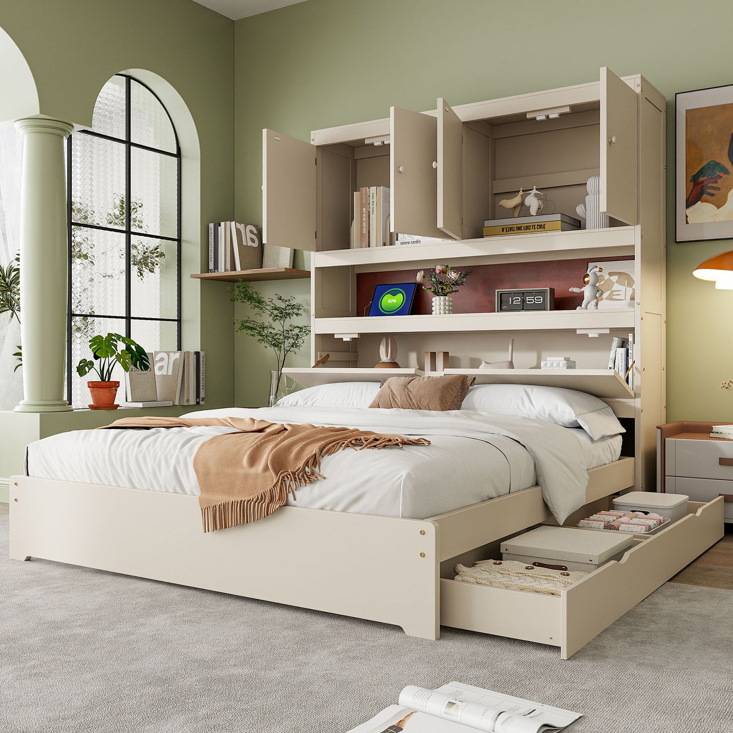 Platform Bed With USB, Storage Headboard &amp; Drawers