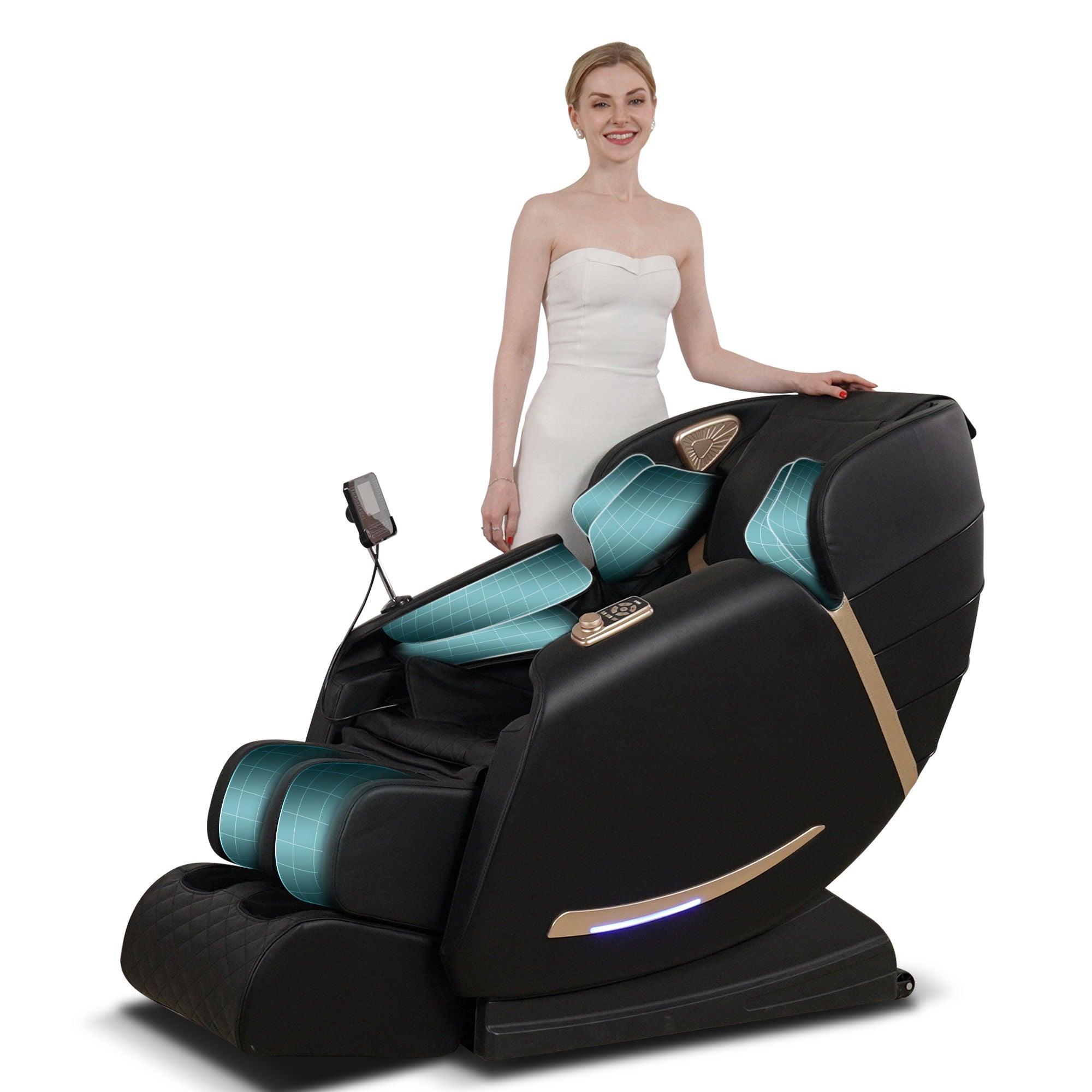 Full Body Massage Chair With Zero Gravity Recliner, With Two Control Panel: Smart Large Screen &amp; Rotary Switch, Spot Kneading And Heating - Black