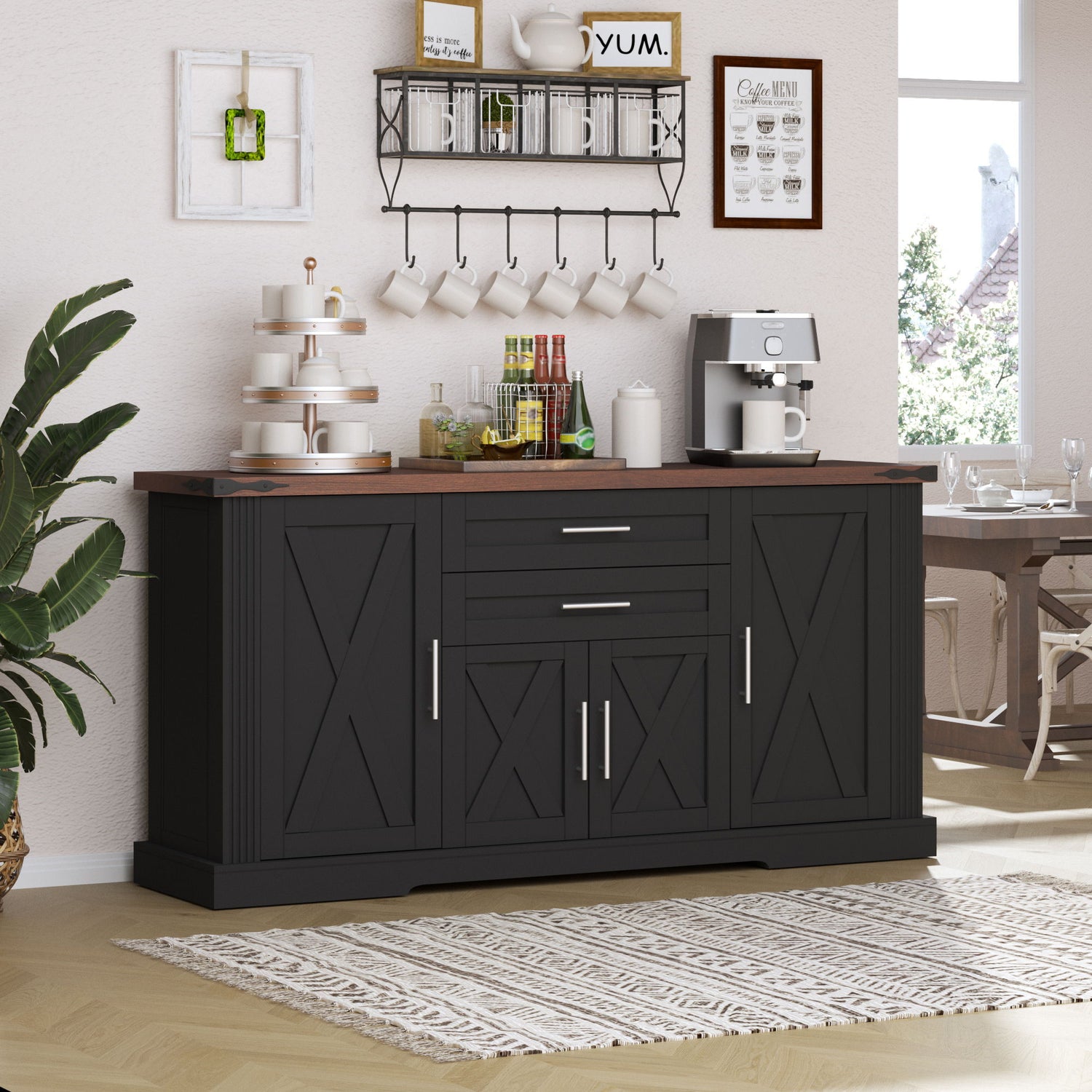 Barn Door Storage Cabinet With 2 Drawers &amp; Door Rack, Adjustable Shelves