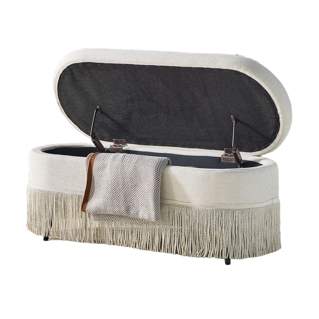 Oval Upholstered Storage Ottoman With Fringe Trim &amp; Lift Top Lid
