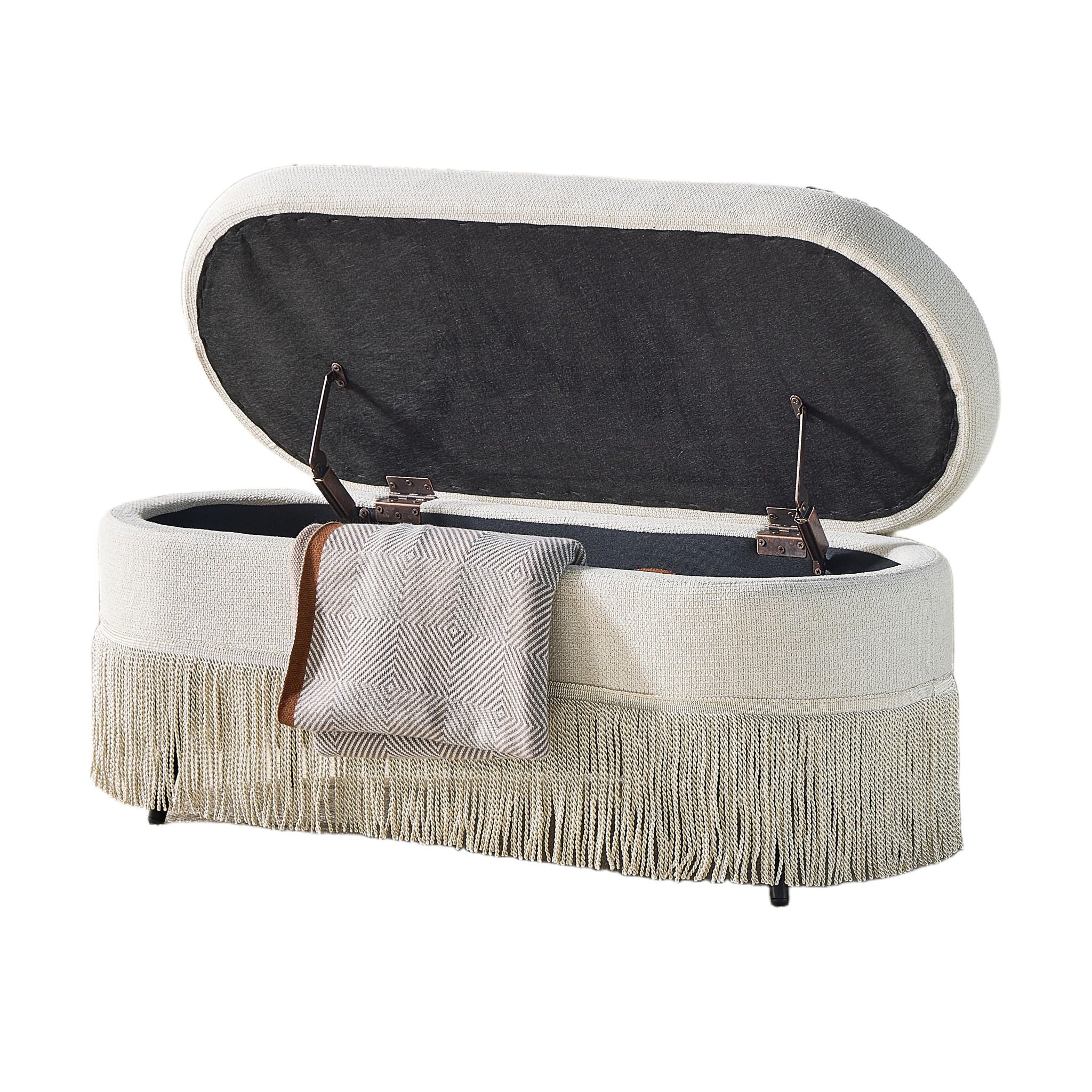 Oval Upholstered Storage Ottoman With Fringe Trim &amp; Lift Top Lid
