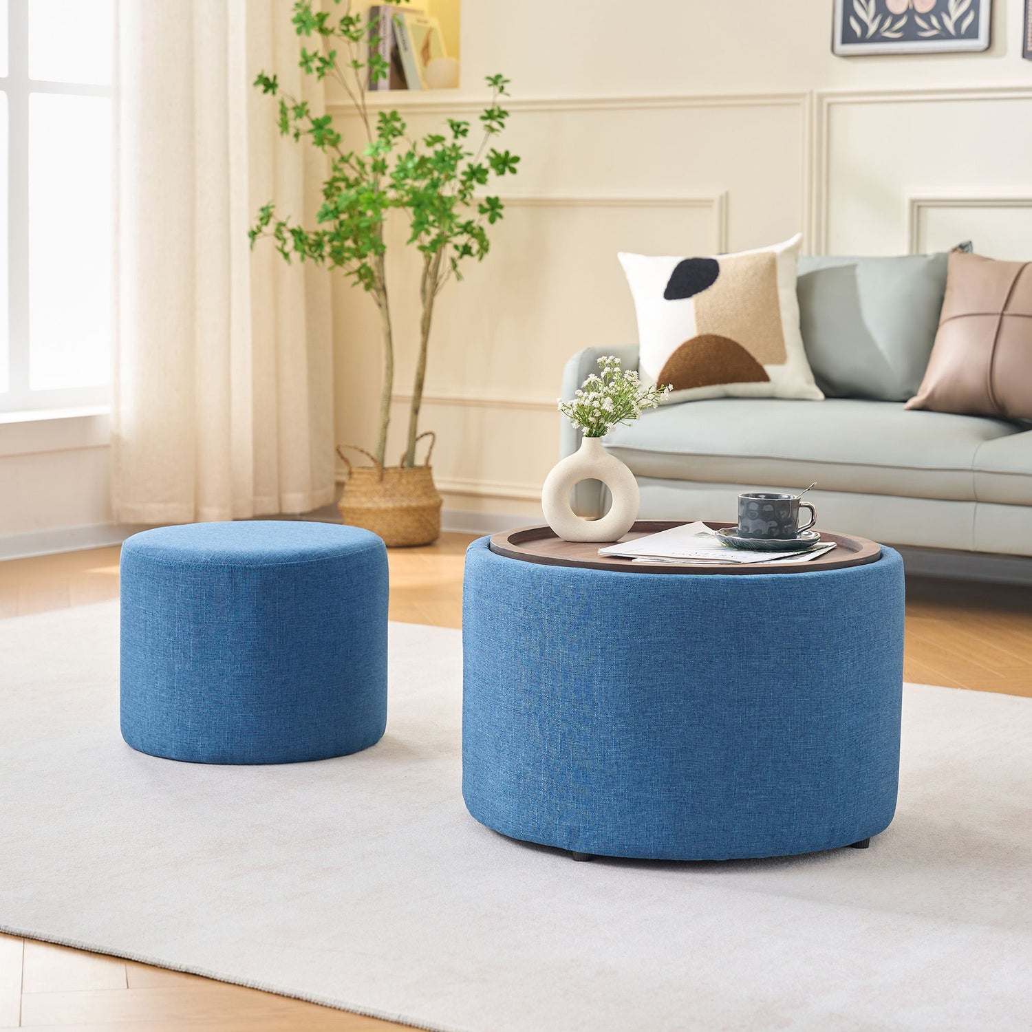 Nesting Ottomans, Round Coffee Table &amp; Bench With Tray (Set of 2)