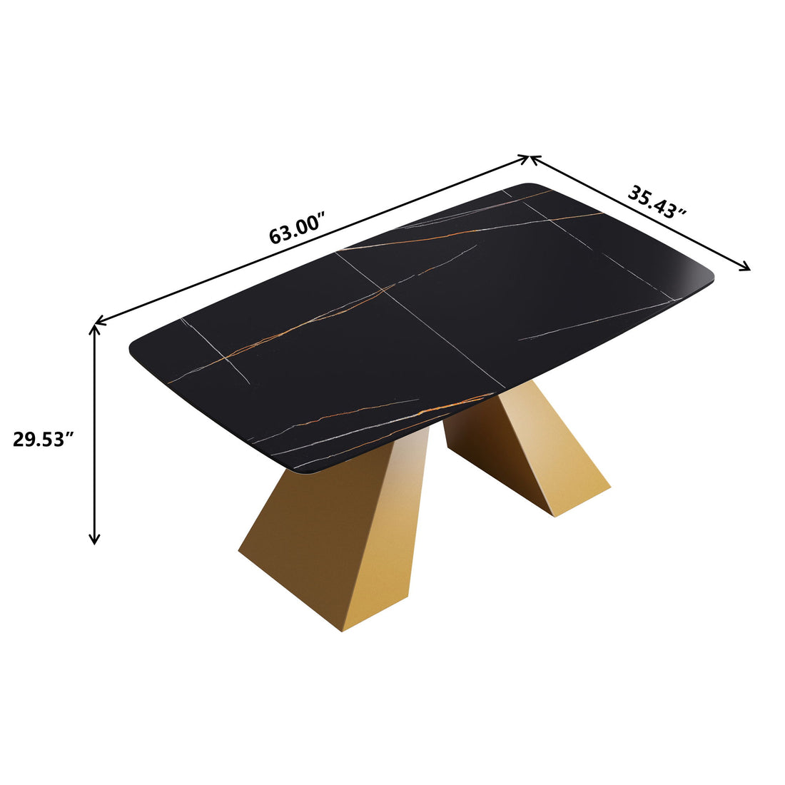 63&quot; Artificial Stone Black Curved Golden Metal Leg Dining Table, 6 People - Black / Gold