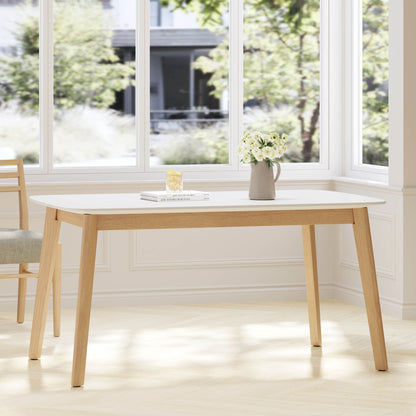 Dining Table With Splayed Rubberwood Legs &amp; Faux Wood Tabletop, Mid Century Modern - White Oak