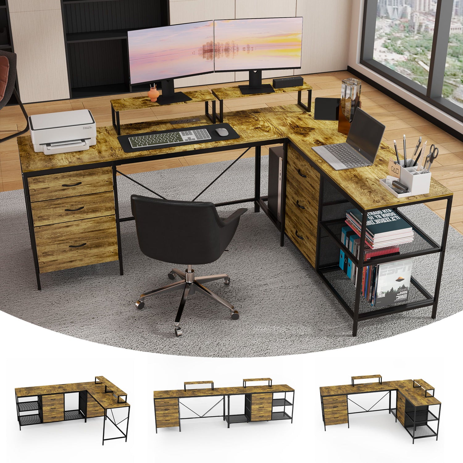 Industrial L Shaped Computer Desk With Power Outlets &amp; USB-C, 6 Fabric Drawers, 3 Open Shelves, Movable Monitor Stands - Brown