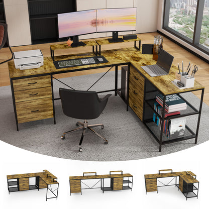 Industrial L Shaped Computer Desk With Power Outlets &amp; USB-C, 6 Fabric Drawers, 3 Open Shelves, Movable Monitor Stands - Brown