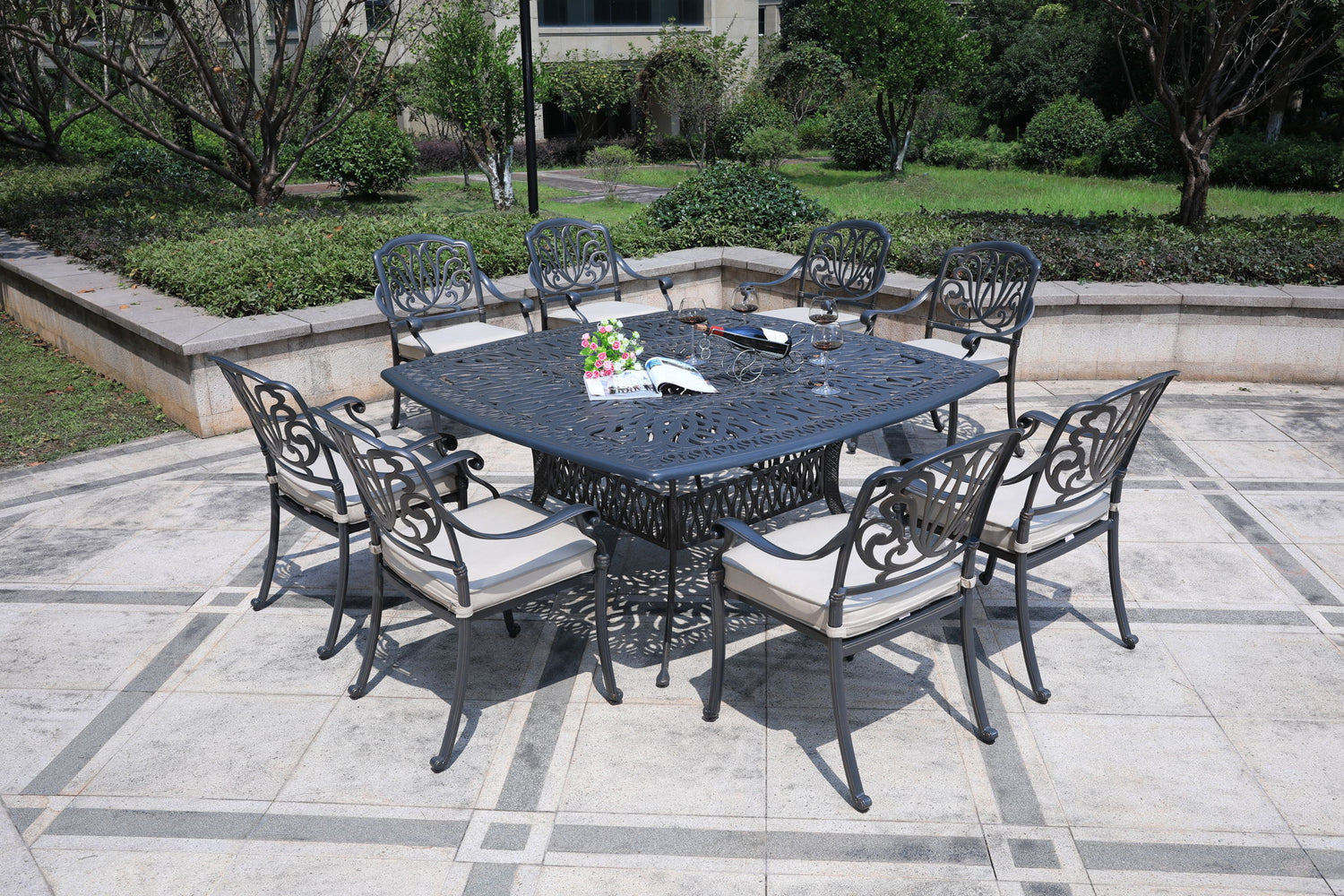 Square 8 Person 64&quot; Long Aluminum Dining Set With Cushions