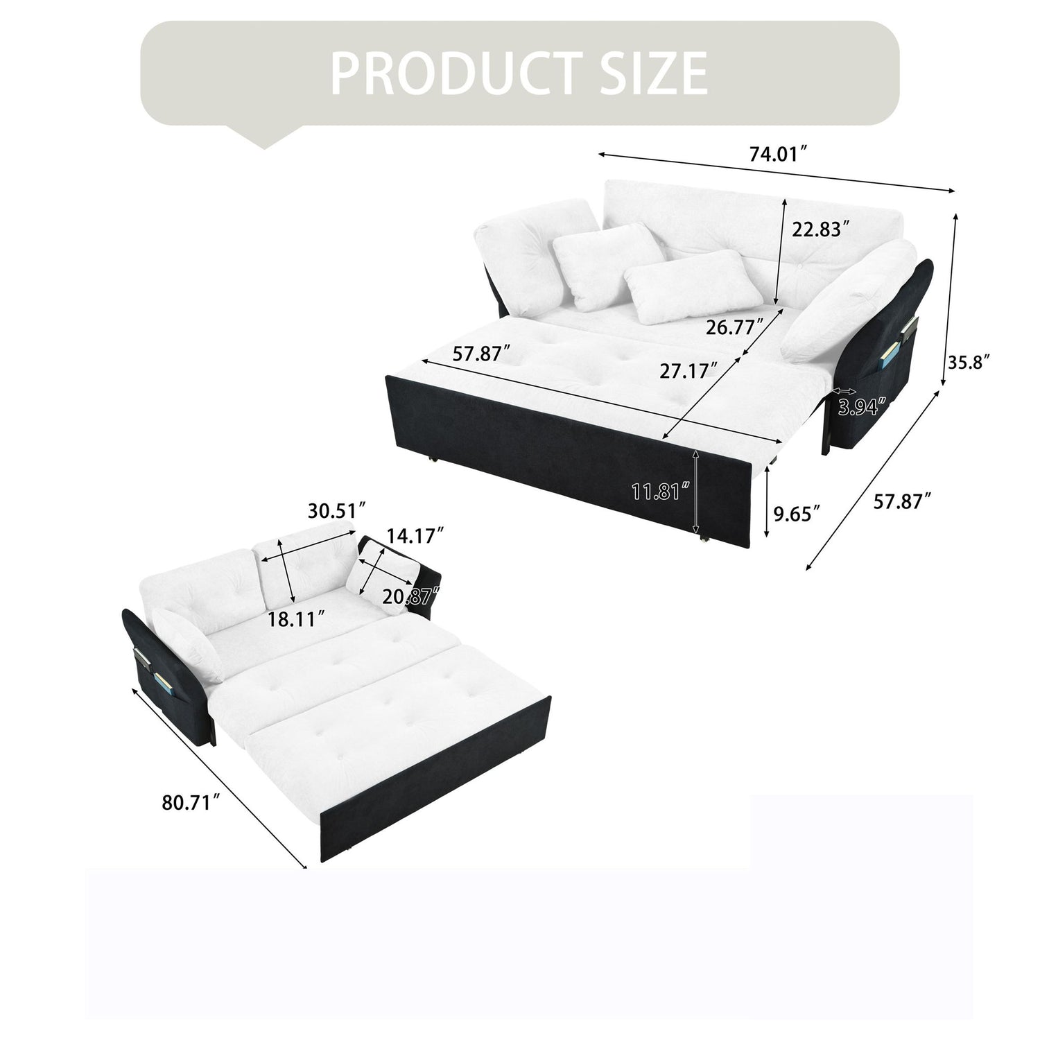 Modern Convertible Sleeper Sofa Bed With Pull-Out Queen Design, Side Storage &amp; Thick Cushions