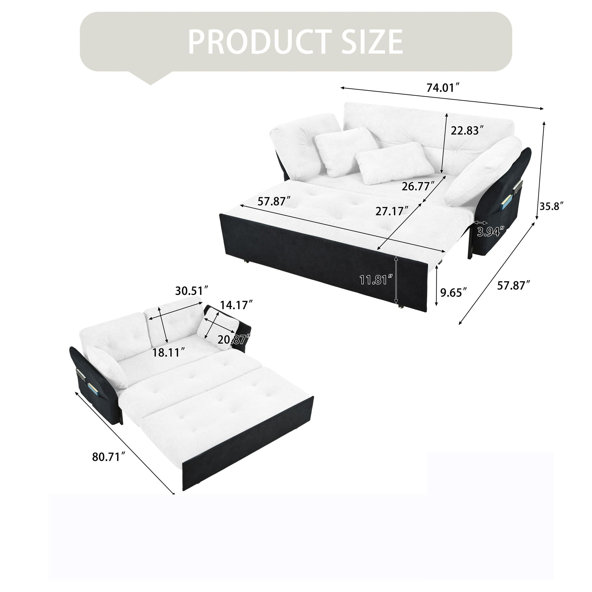 Modern Convertible Sleeper Sofa Bed With Pull-Out Queen Design, Side Storage &amp; Thick Cushions