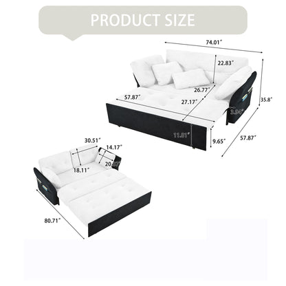 Modern Convertible Sleeper Sofa Bed With Pull-Out Queen Design, Side Storage &amp; Thick Cushions