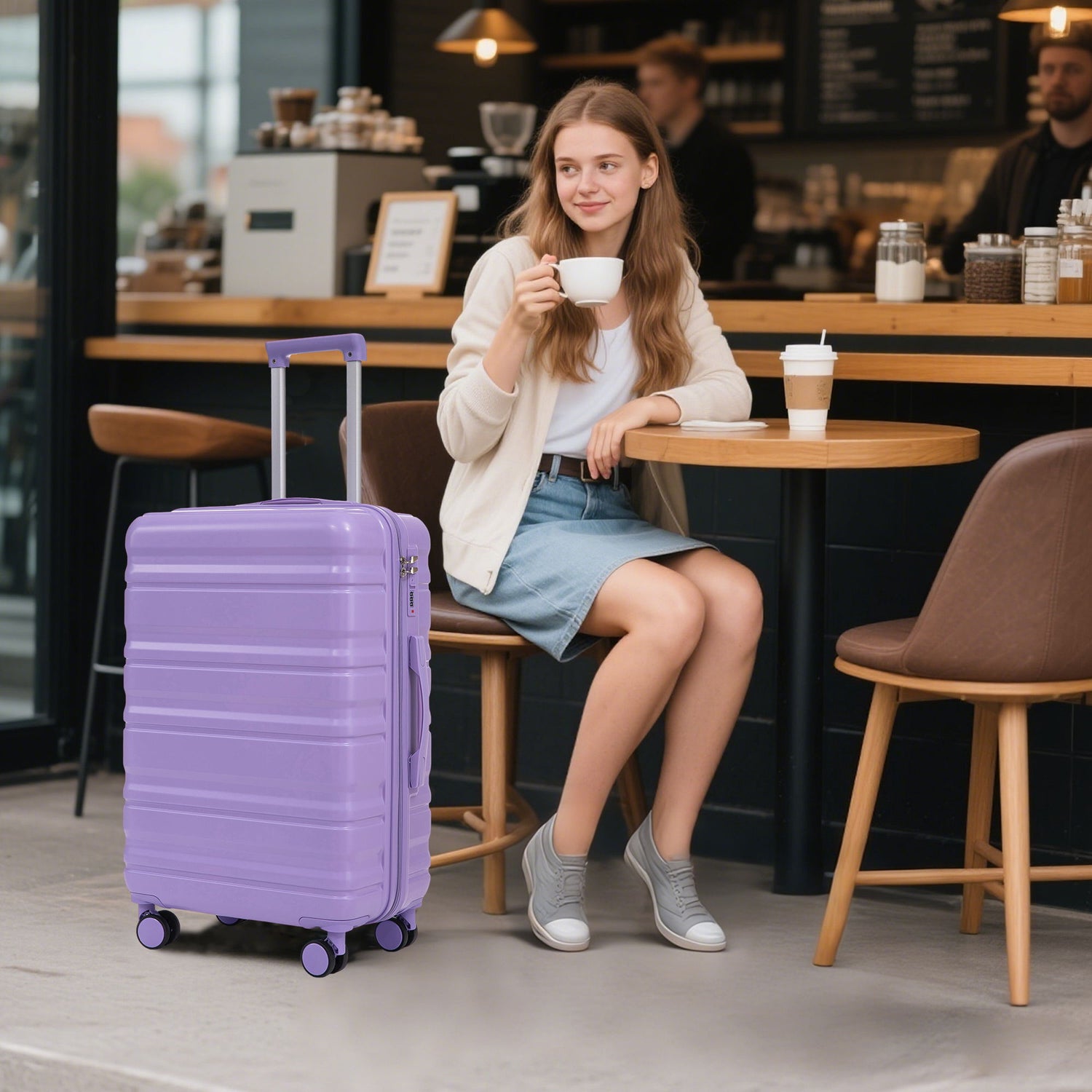 3 Piece 20" / 24" / 28" Spinner Luggage Set &amp; Combination Lock, Durable Hard Shell With 360° Silent Wheels - Blue / Purple
