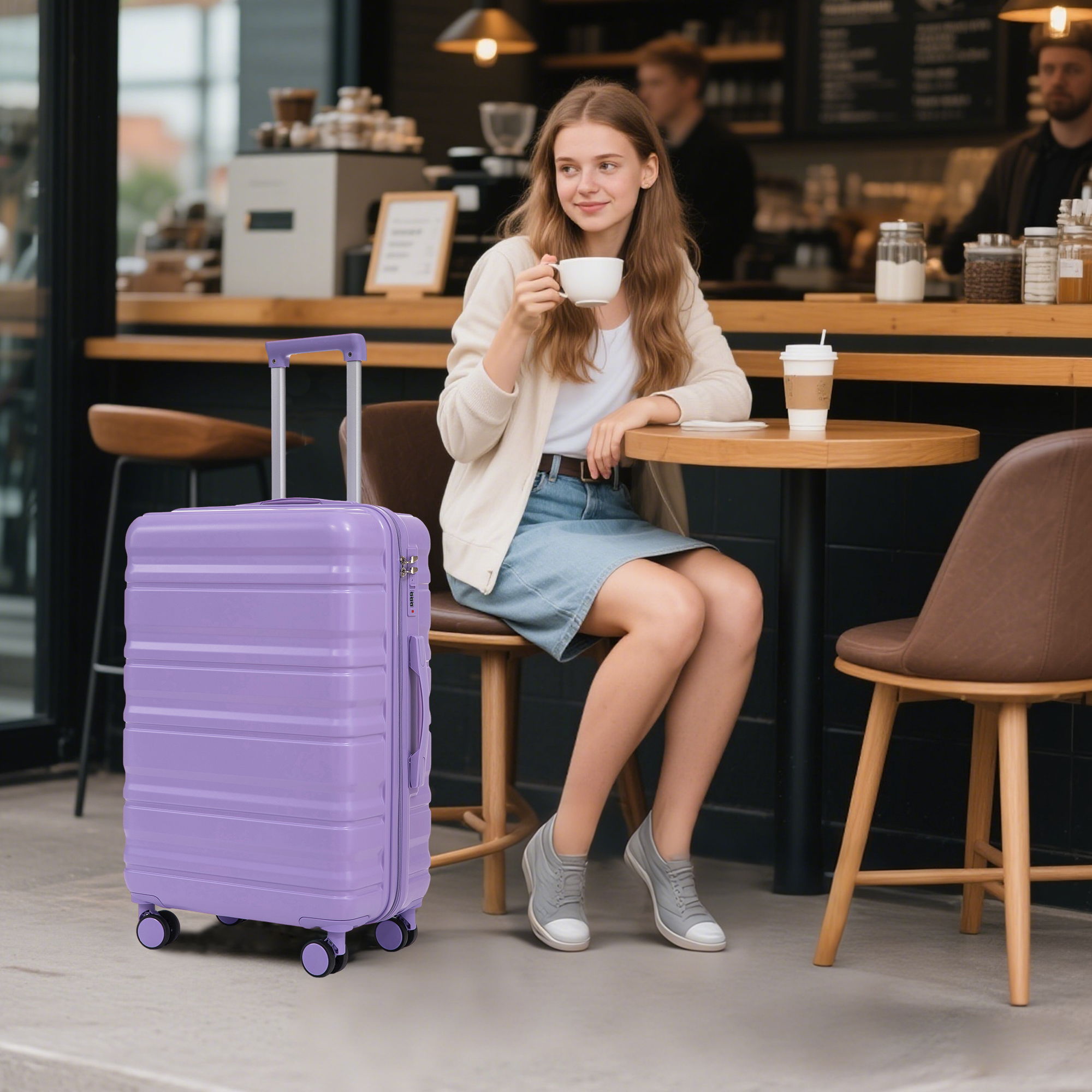 3 Piece 20" / 24" / 28" Spinner Luggage Set &amp; Combination Lock, Durable Hard Shell With 360° Silent Wheels - Blue / Purple