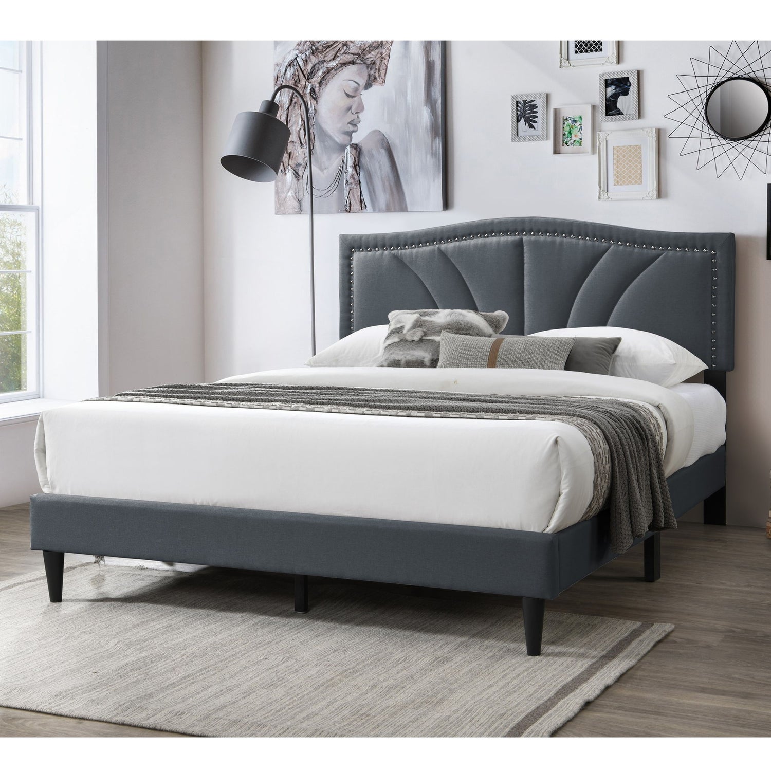 Bed With Nailhead Trim Accents, Upholstered Platform Frame