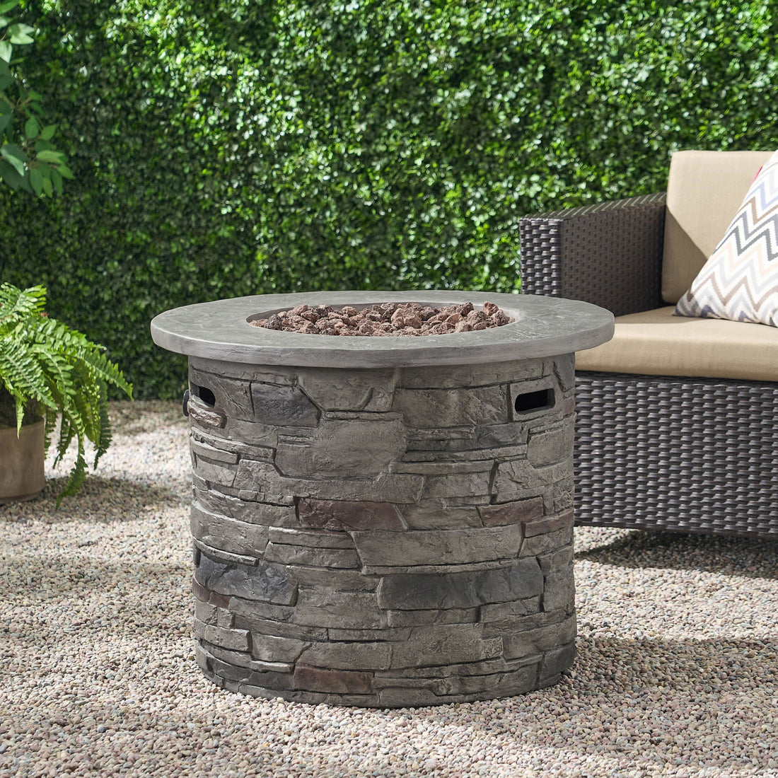 Transitional Outdoor 32&quot; Round Propane Fire Pit Table, Lightweight Concrete Construction - Stone Gray