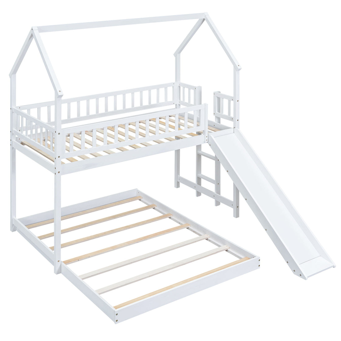 Hearth &amp; Haven - Twin Over Full House Bunk Bed With Slide, Built In Ladder And Full Length Guardrail - White