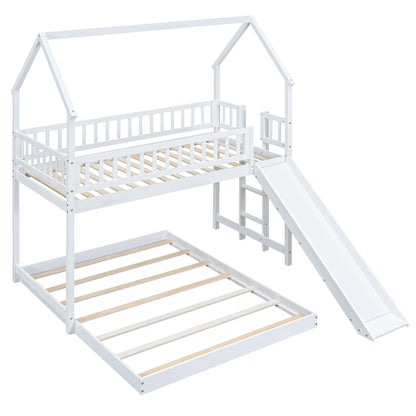 Hearth &amp; Haven - Twin Over Full House Bunk Bed With Slide, Built In Ladder And Full Length Guardrail - White