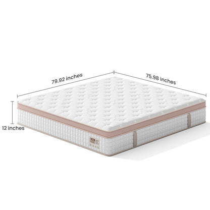 12" King Size Firm Hybrid Mattress, Gel Memory Foam &amp; Pocket Springs, Pressure Relief, Motion Isolation, Ergonomic Bed - White