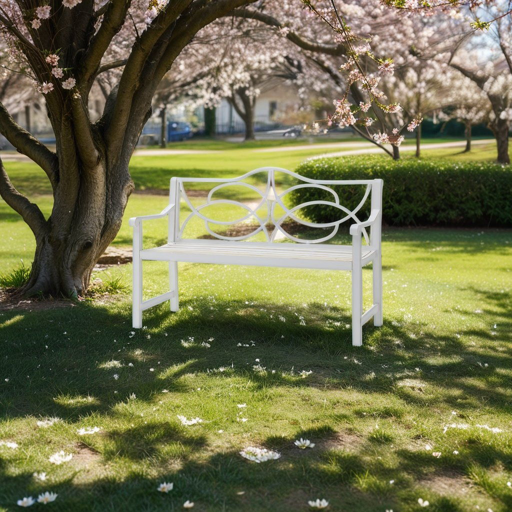 Outdoor Garden Patio Bench With Backrest And Armrest, Slatted Seat For Park, Yard &amp; Porch, Balcony, Accommodates 2 - 3 People - White