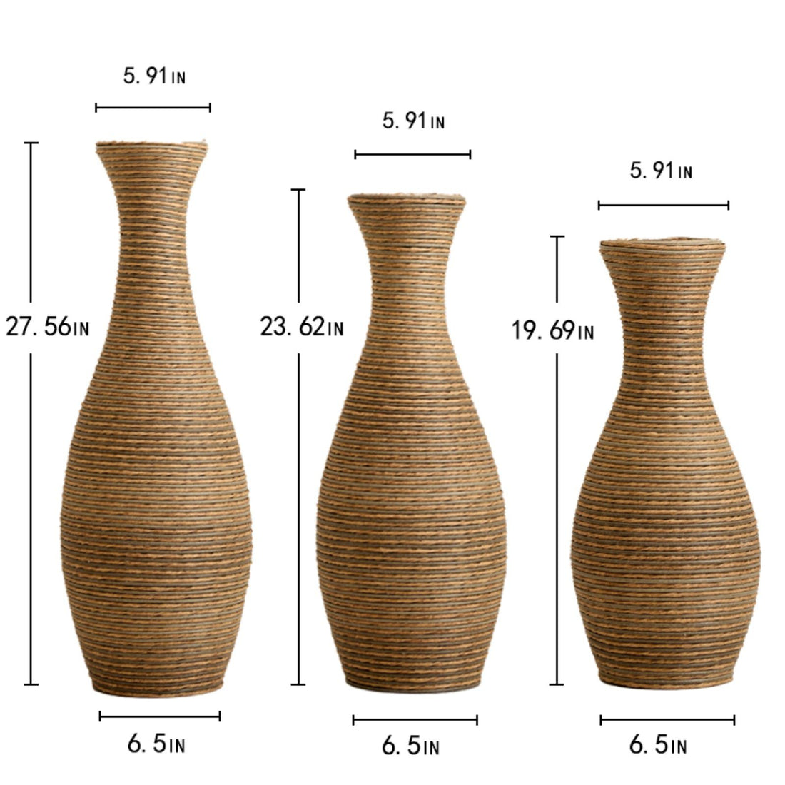 3 Piece Artificial Rattan Floor Vase Set Decorative Accent For Living Room, Hallway &amp; Entryway, Ideal For Dried Or Silk Flower Arrangements - Beige