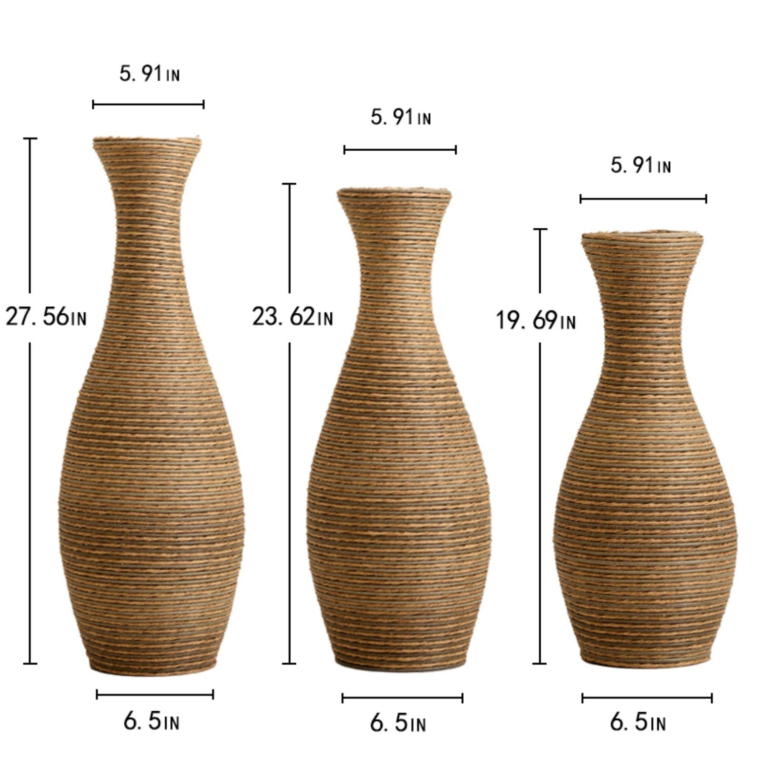 3 Piece Artificial Rattan Floor Vase Set Decorative Accent For Living Room, Hallway &amp; Entryway, Ideal For Dried Or Silk Flower Arrangements - Beige