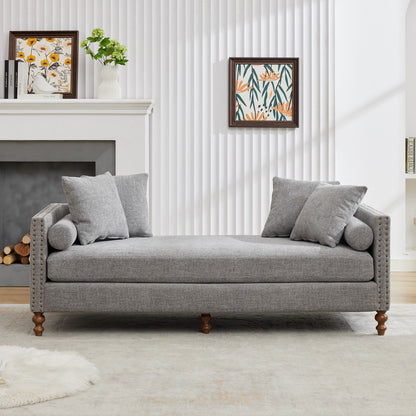 Upholstered Chaise Lounge Indoor With Nailheads, Sleeper Sofa Couch With 4 Throw Pillows &amp; 2 Bolsters, Daybed With Rubberwood Legs