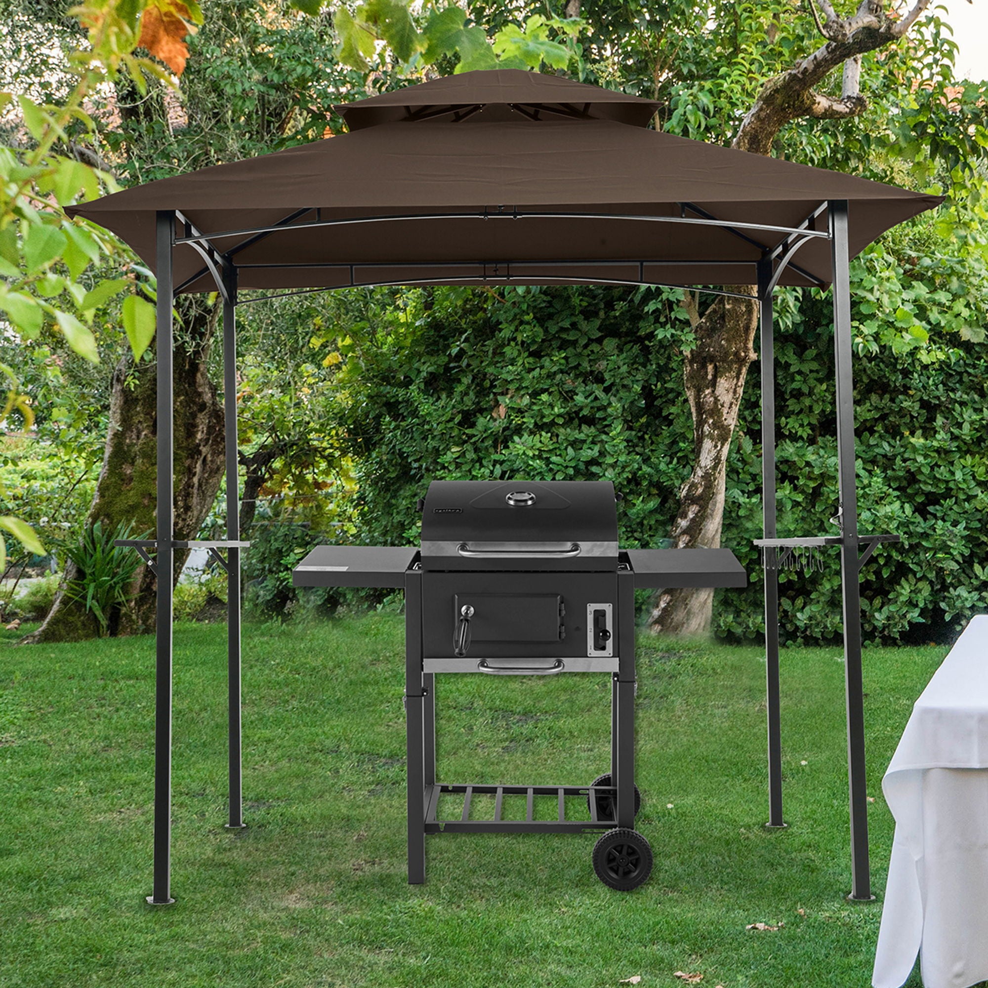 Outdoor Grill Gazebo With Double Tier Soft Top Canopy, Steel Frame, Bar Counters &amp; Hook