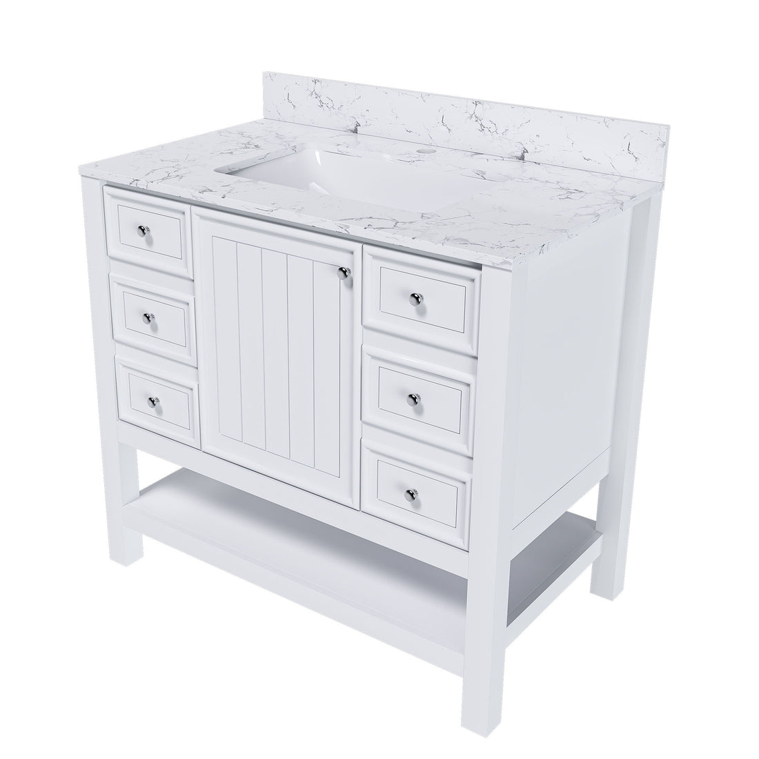 37&quot; Bathroom Vanity, Multi Functional Cabinet With Doors And Drawers, Frame, Single Faucet Hole - White