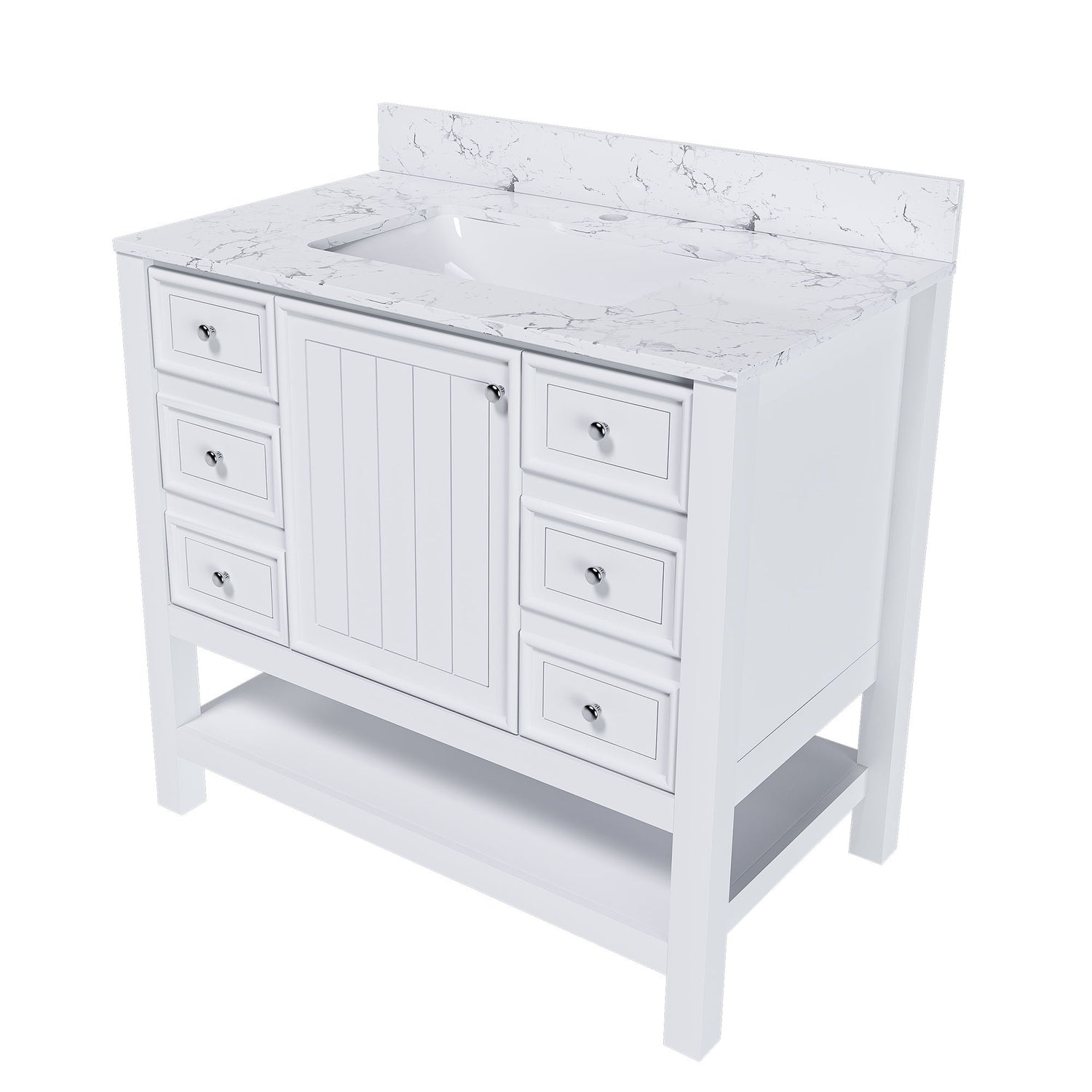 37&quot; Bathroom Vanity, Multi Functional Cabinet With Doors And Drawers, Frame, Single Faucet Hole - White