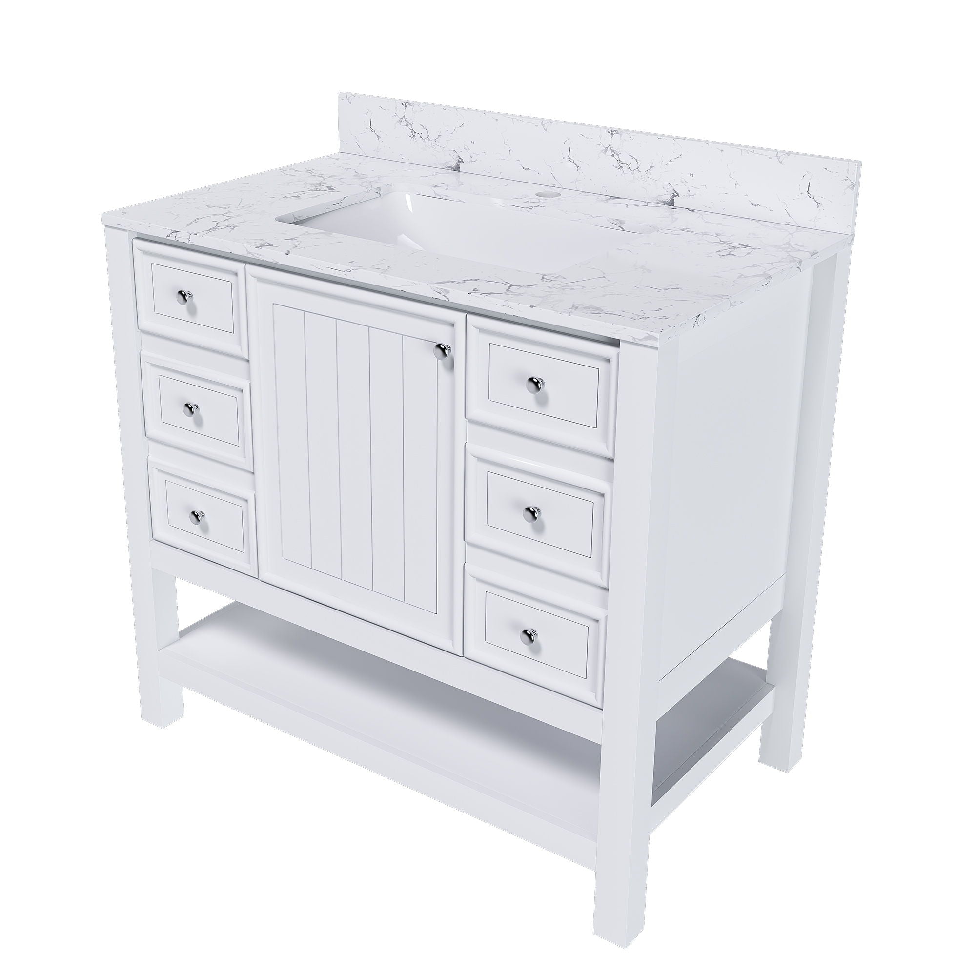 37&quot; Bathroom Vanity, Multi Functional Cabinet With Doors And Drawers, Frame, Single Faucet Hole - White