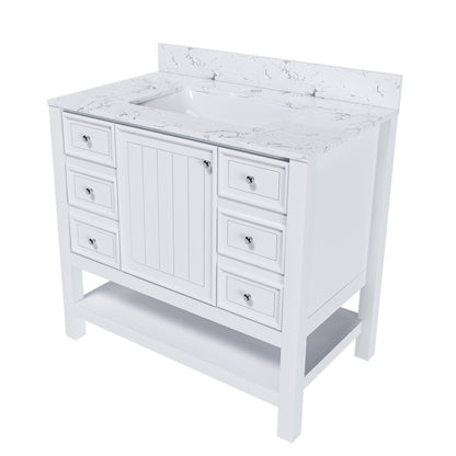 37&quot; Bathroom Vanity, Multi Functional Cabinet With Doors And Drawers, Frame, Single Faucet Hole - White