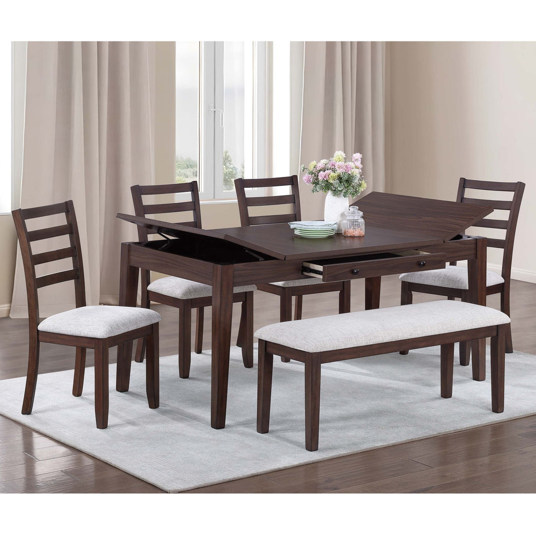 6 Piece Dining Set Table With Storage Ladder Back Chairs And Bench - Walnut