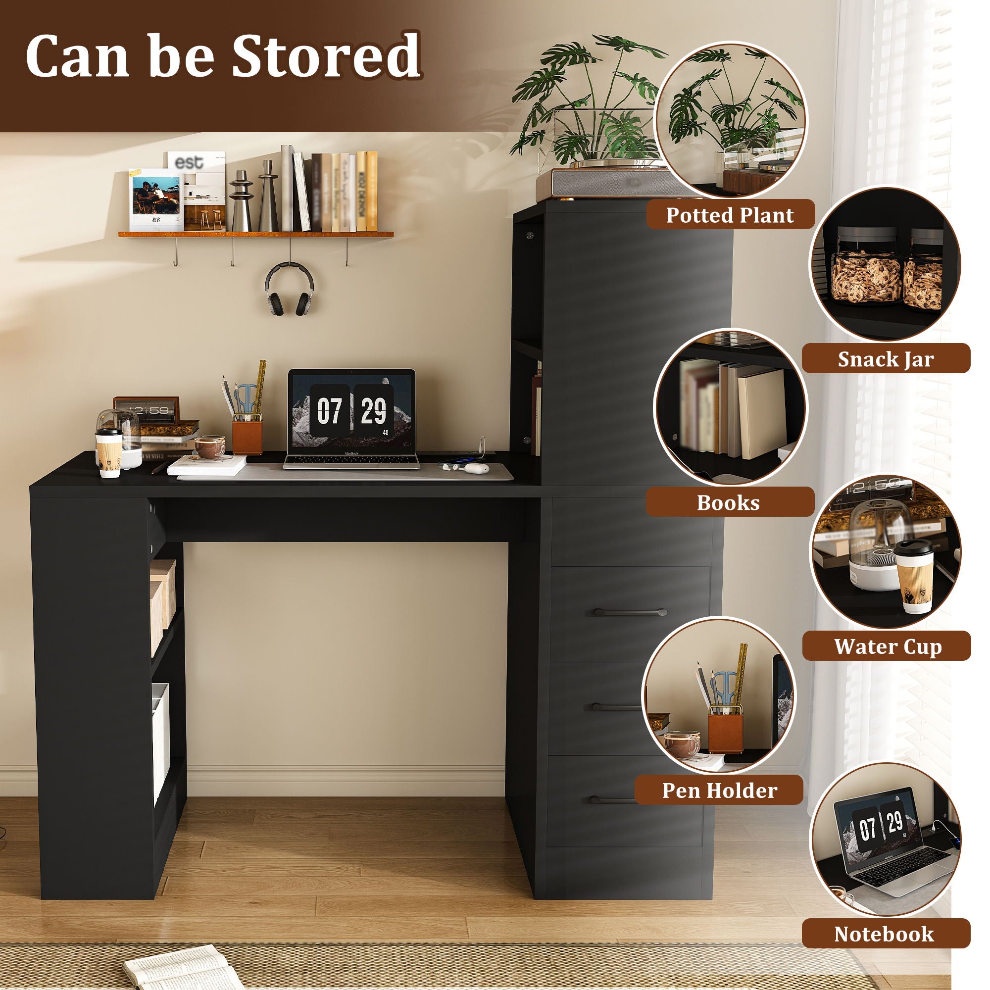 Computer Desk With 4 In 1 Socket &amp; 3 Drawers, 4 Tier Shelves