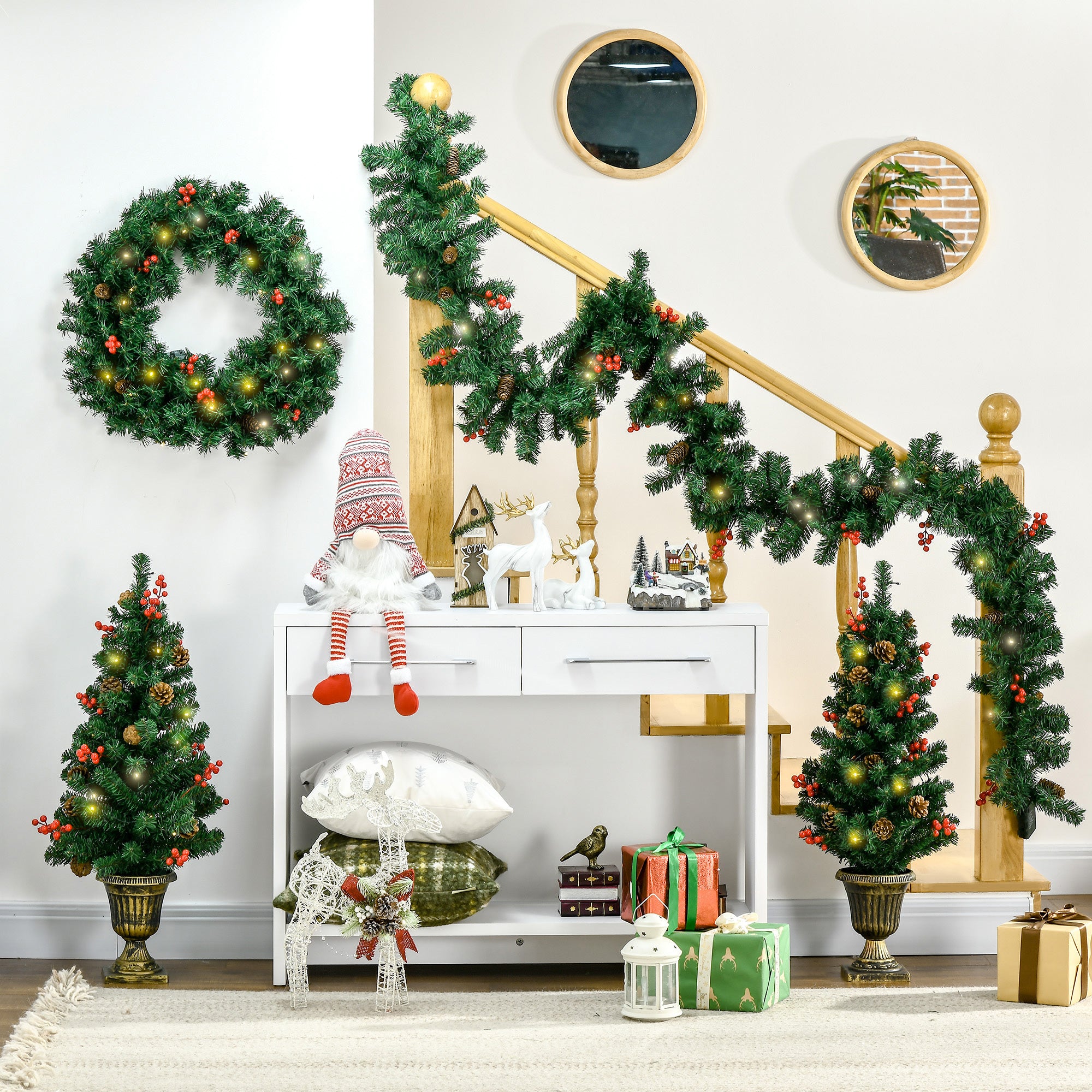 HOMCOM Prelit Holiday Christmas 4-Piece Set, Garland Wreath and Set of 2 Entrance Trees with Warm White LED Lights, Red Berries, Pine Cones, Green