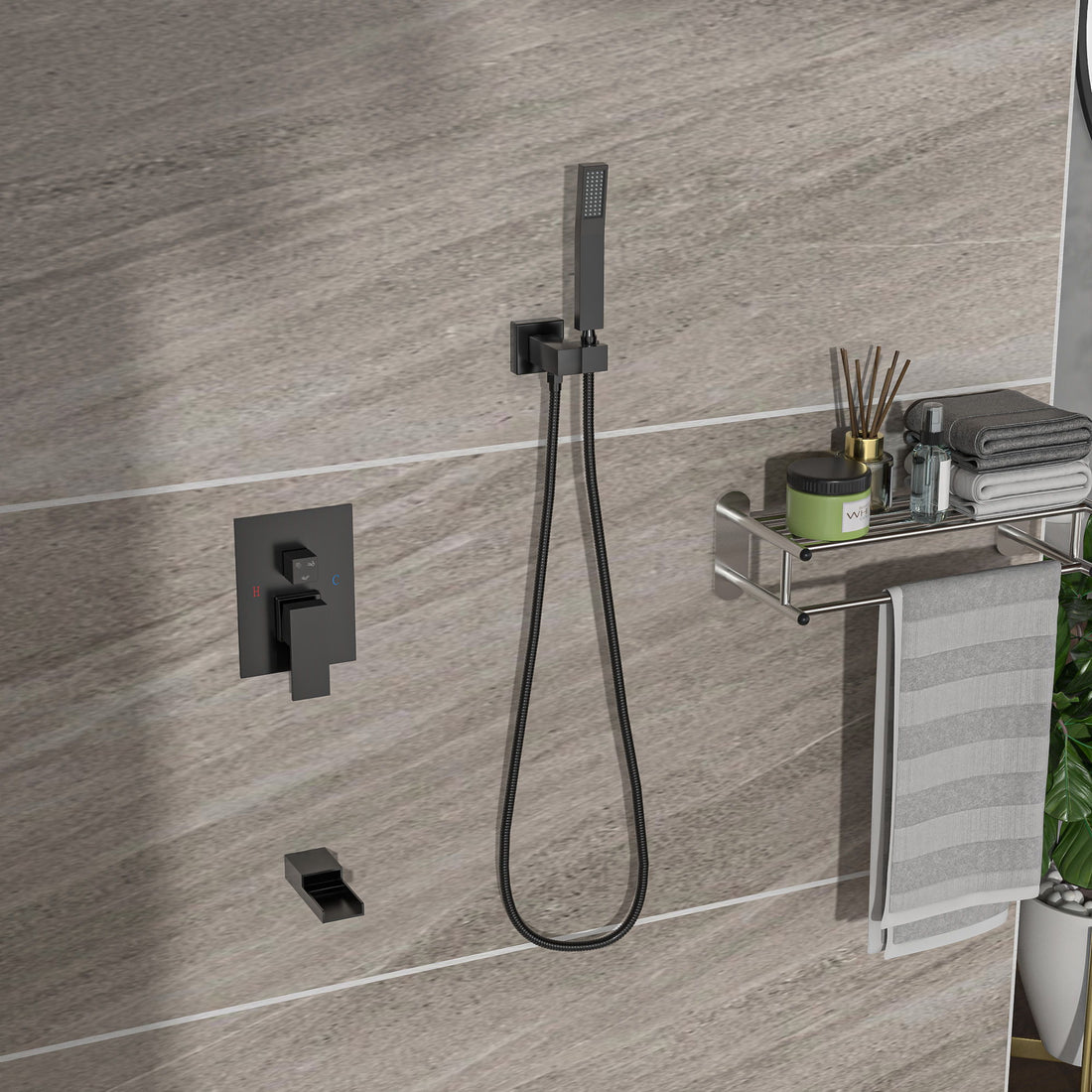 Wall Mounted Square Shower System With Rainfall Tub Spout And Handheld Shower, 10&quot; - Matte Black