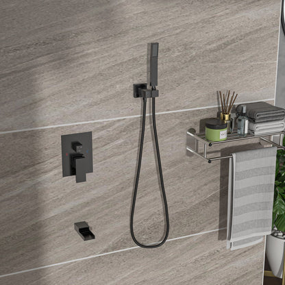 Wall Mounted Square Shower System With Rainfall Tub Spout And Handheld Shower, 10&quot; - Matte Black
