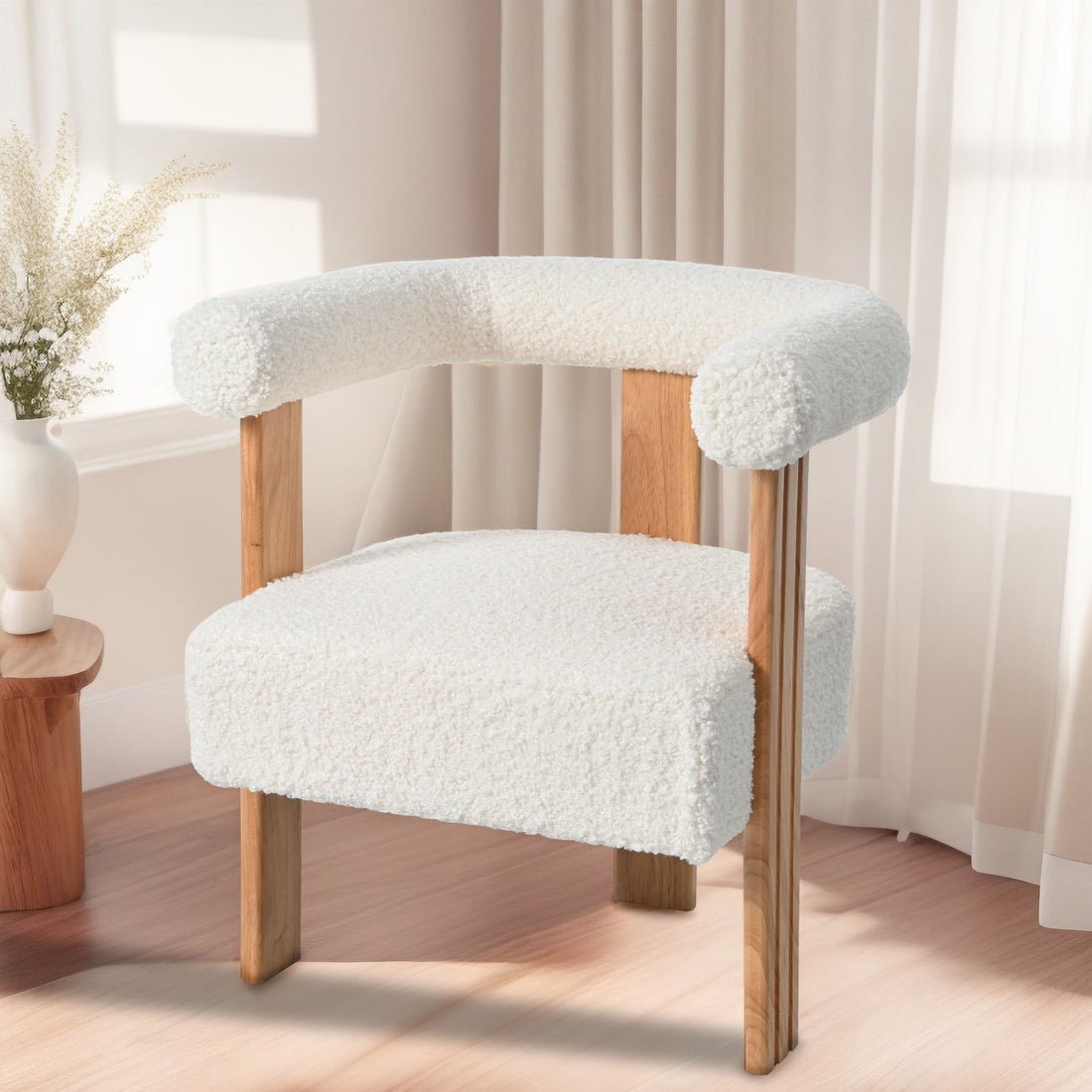 Mid-Century Modern Barrel Accent Chair, Upholstered Kitchen &amp; Dining Room Chairs With Arms, Teddy Velvet Boucle Accent Chairs Side Chairs For Kitchen Living Room Bedroom - White