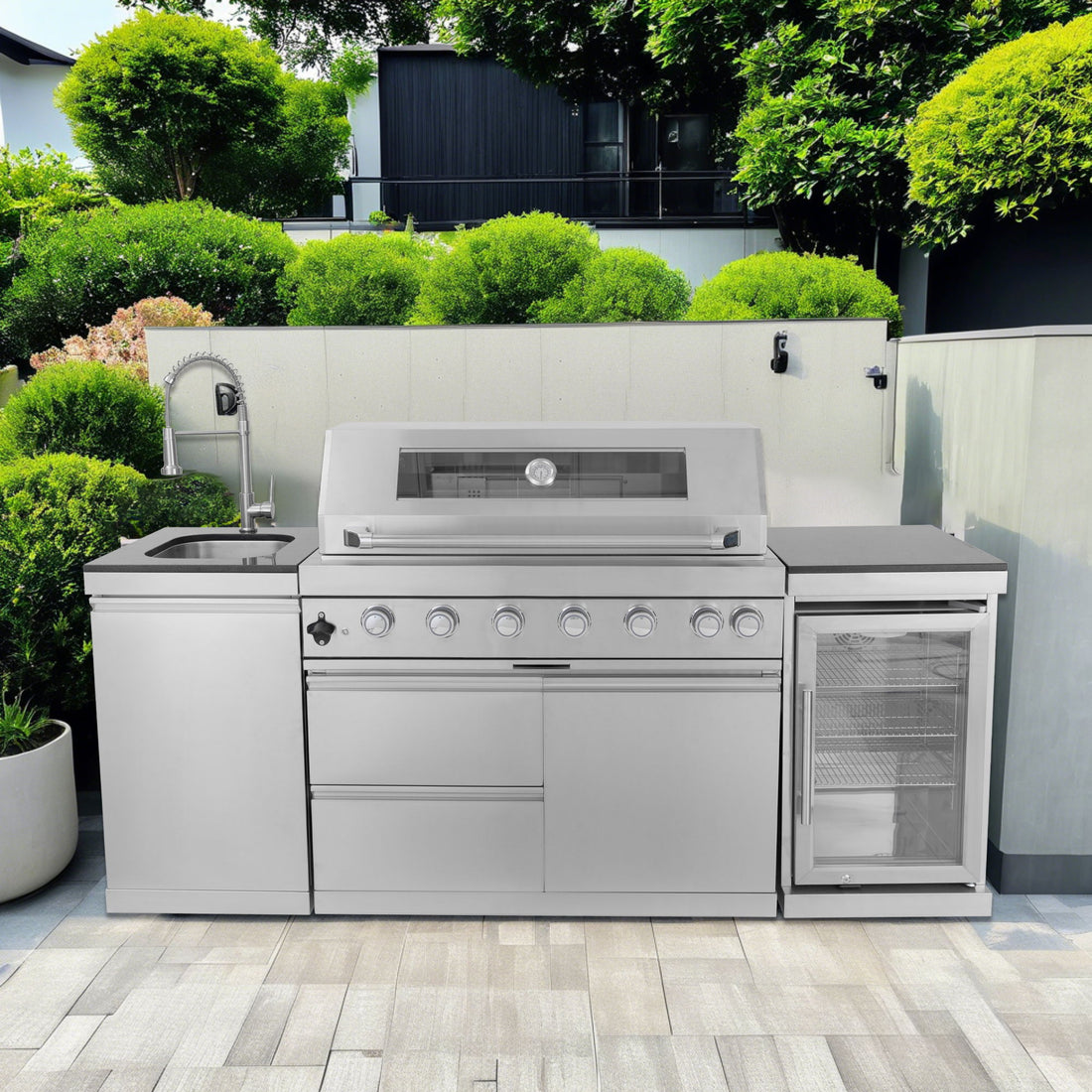 6 Burner 85, 000 Btu Deluxe Gas Outdoor Kitchen Island Grill With Wine Cooler Refrigerator, Rotisserie, Storage Cabinets &amp; Drawers - Silver
