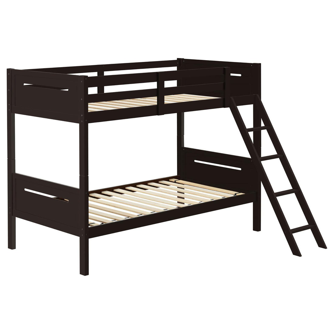 Twin Over Twin Bunk Bed With Angled Ladder And Guardrails - Brown