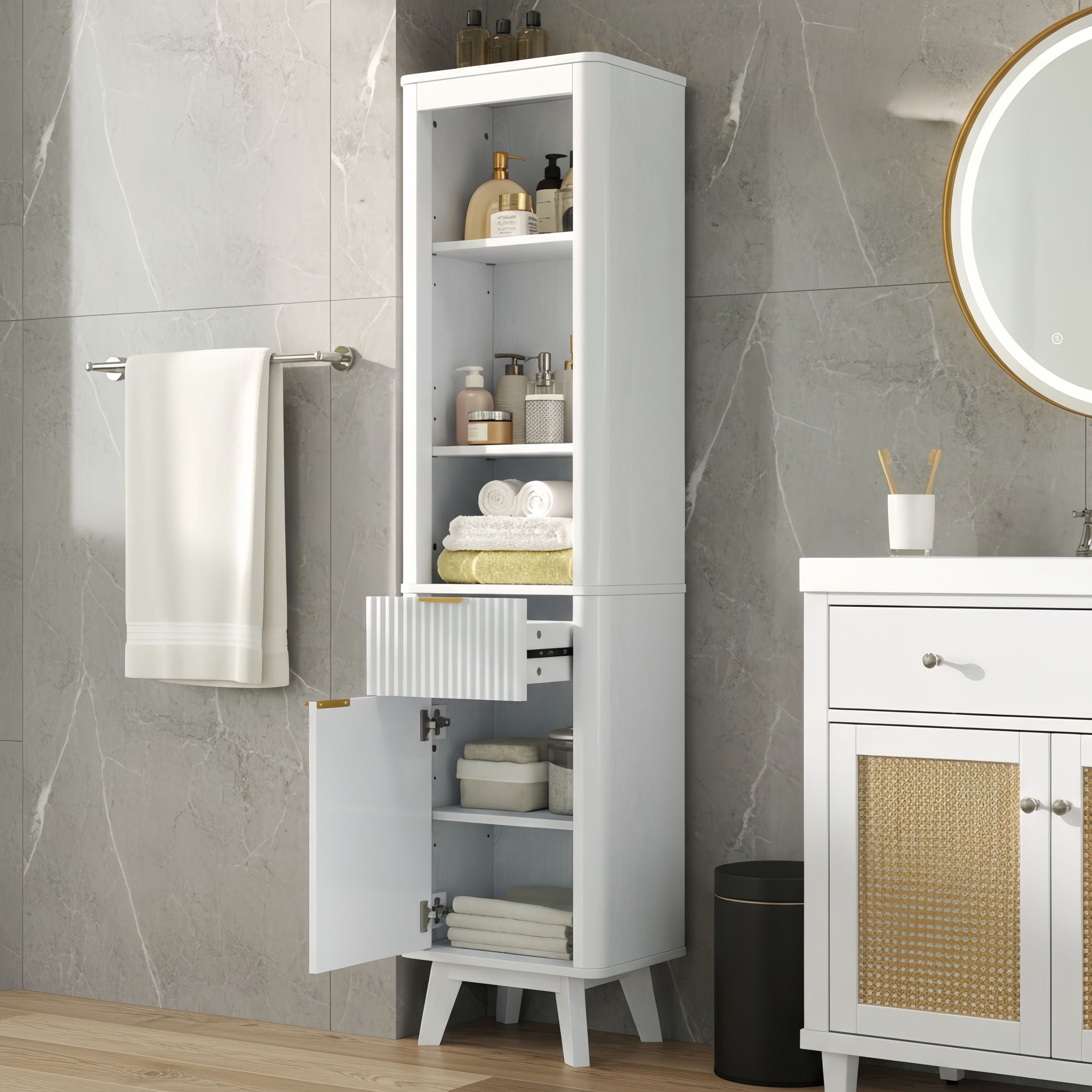 Tall Bathroom Storage Cabinet With Adjustable Shelves And 1 Drawer &amp; Door