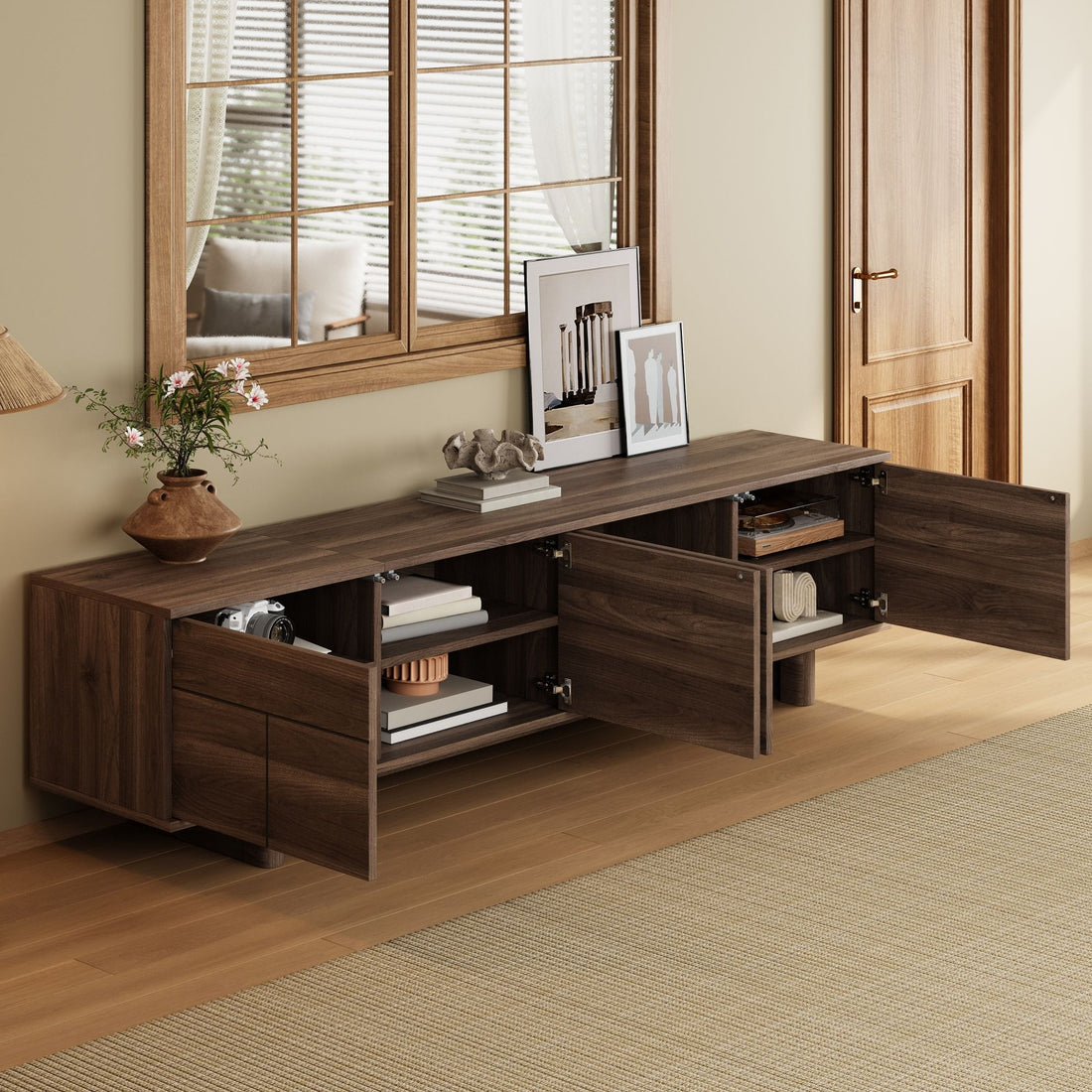 TV Stand For TVs Up To 85", Entertainment Center, Cable Management, Push Openers, Soft Closing Hinges &amp; Adjustable Shelves - Dark Brown