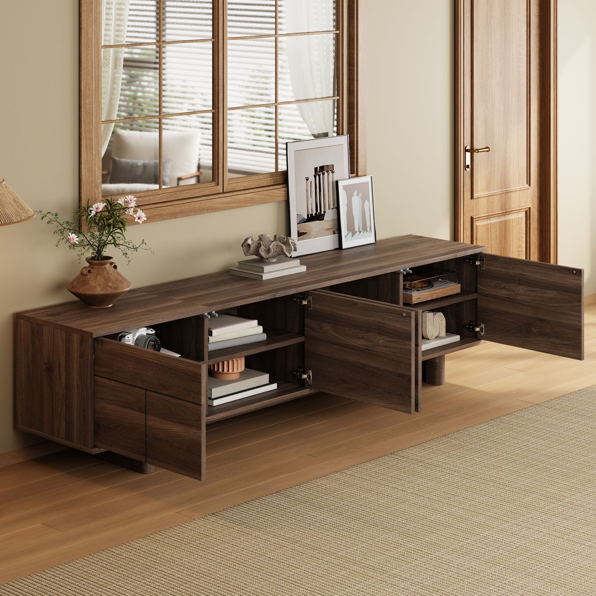 TV Stand For TVs Up To 85", Entertainment Center, Cable Management, Push Openers, Soft Closing Hinges &amp; Adjustable Shelves - Dark Brown