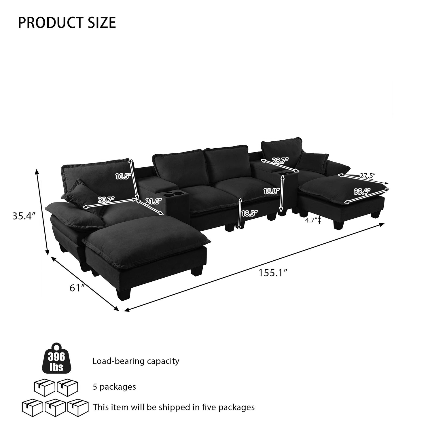 Modular Cloud Couch Sofa With Cup Holders &amp; Storage, USB Port