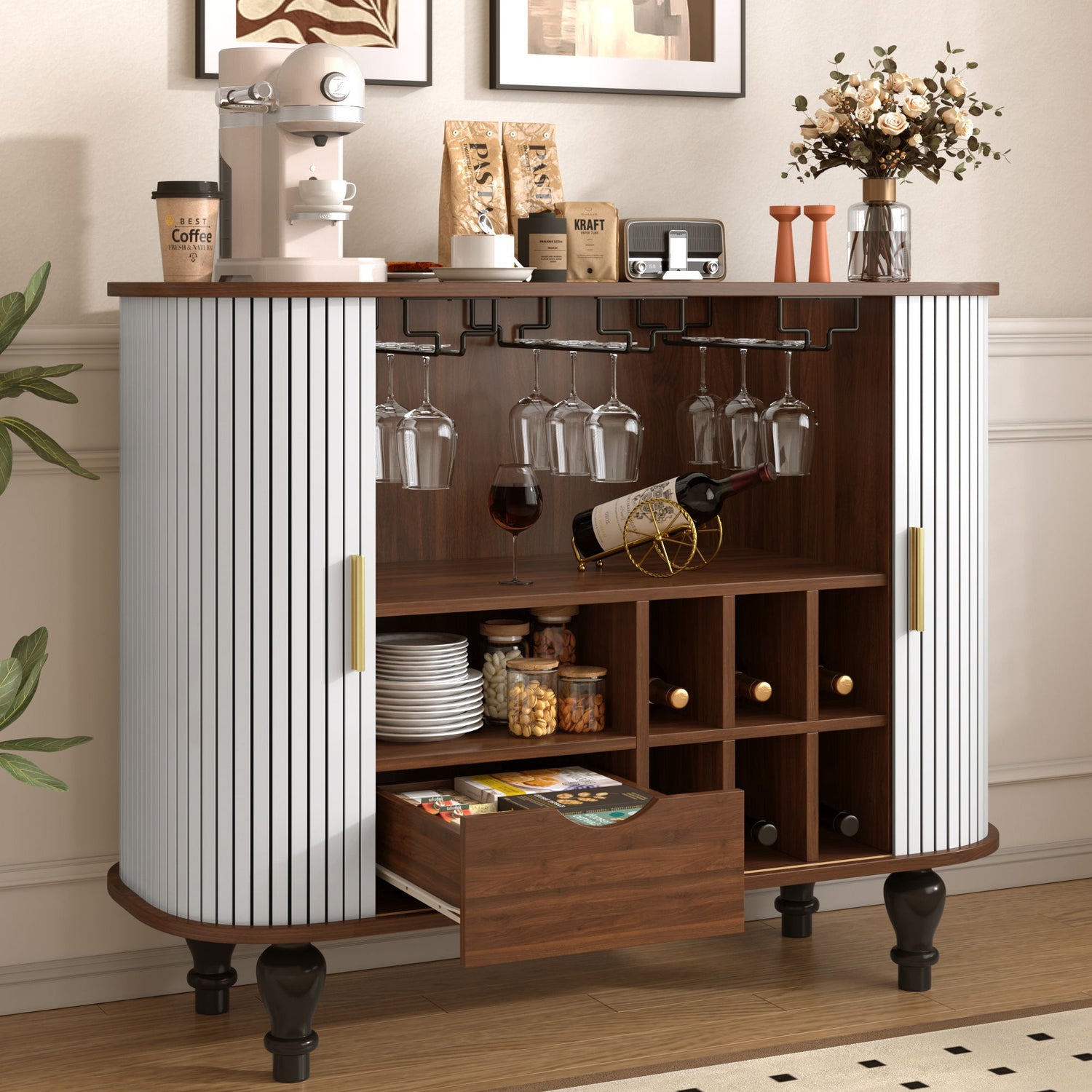 Fluted Liquor &amp; Coffee Bar Cabinet With 6 Wine Racks And 3 Glass Holders