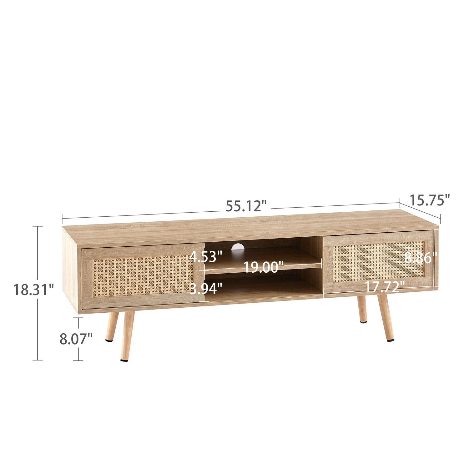 55.12&quot; Rattan TV Cabinet, Double Sliding Doors For Storage, Adjustable Shelf, Solid Wood Legs, TV Console For Living Room