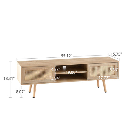 55.12&quot; Rattan TV Cabinet, Double Sliding Doors For Storage, Adjustable Shelf, Solid Wood Legs, TV Console For Living Room