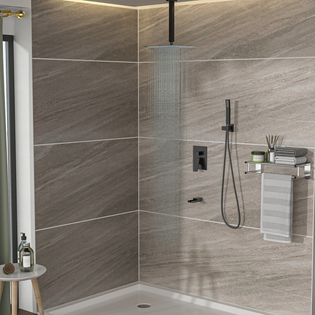 Shower System With Waterfall Tub Spout And 16&quot; Ceiling Mount Square Rain Shower - Oil-Rubbed Bronze